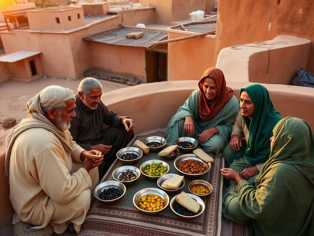 A family sharing a meal on a Moroccan rooftop.