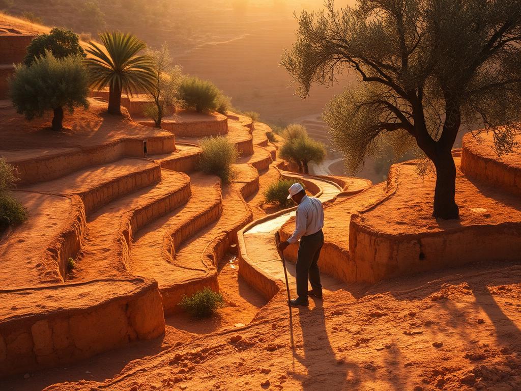 A farmer working terraced fields among olive trees.