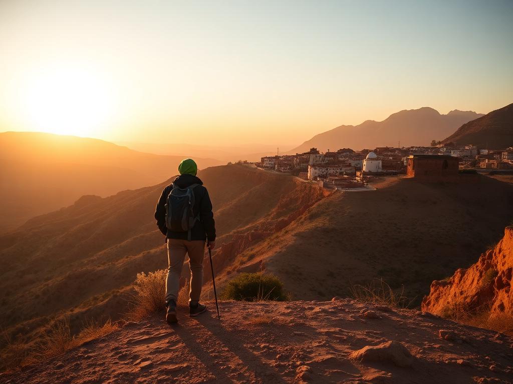 A hiker on a ridge over an Atlas village.