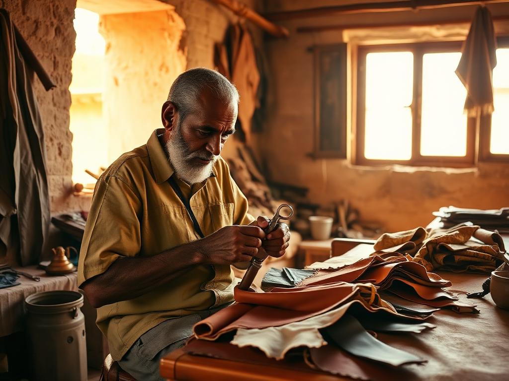 A craftsman stitching leather in a sunlit workshop.